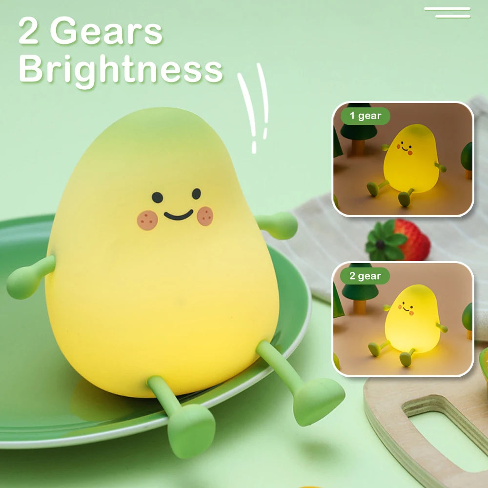 LED Pear Fruit Silicone Night Light 7 Colors Dimming Touch USB Rechargeable Cartoon Bedside Lamp Bedroom Decor