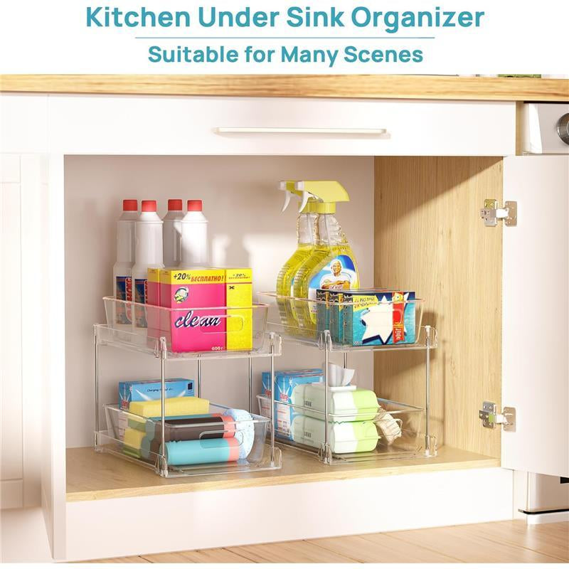4 Pack Bathroom Storage Organizer, 2 Tier Clear under Sink Organizers Vanity Countertop Storage Container, Medicine Cabinet Drawers Bins, Pull-Out Organization with Track for Pantry, Kitchen