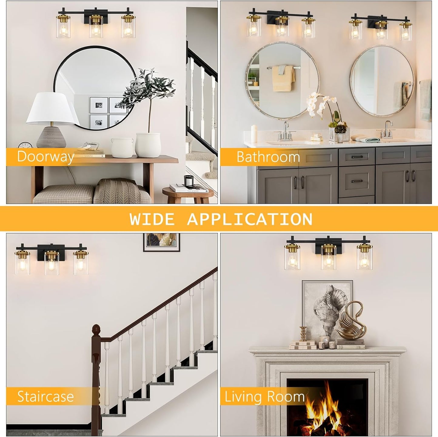 3-Lights Black and Gold Bathroom Light Fixtures over Mirror