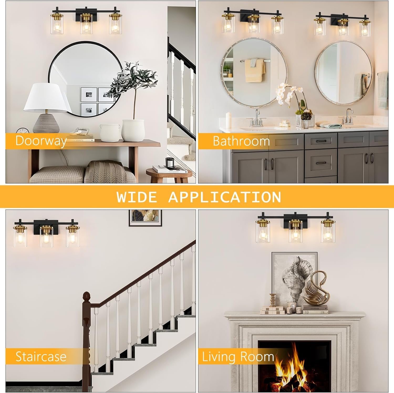 3-Lights Black and Gold Bathroom Light Fixtures over Mirror