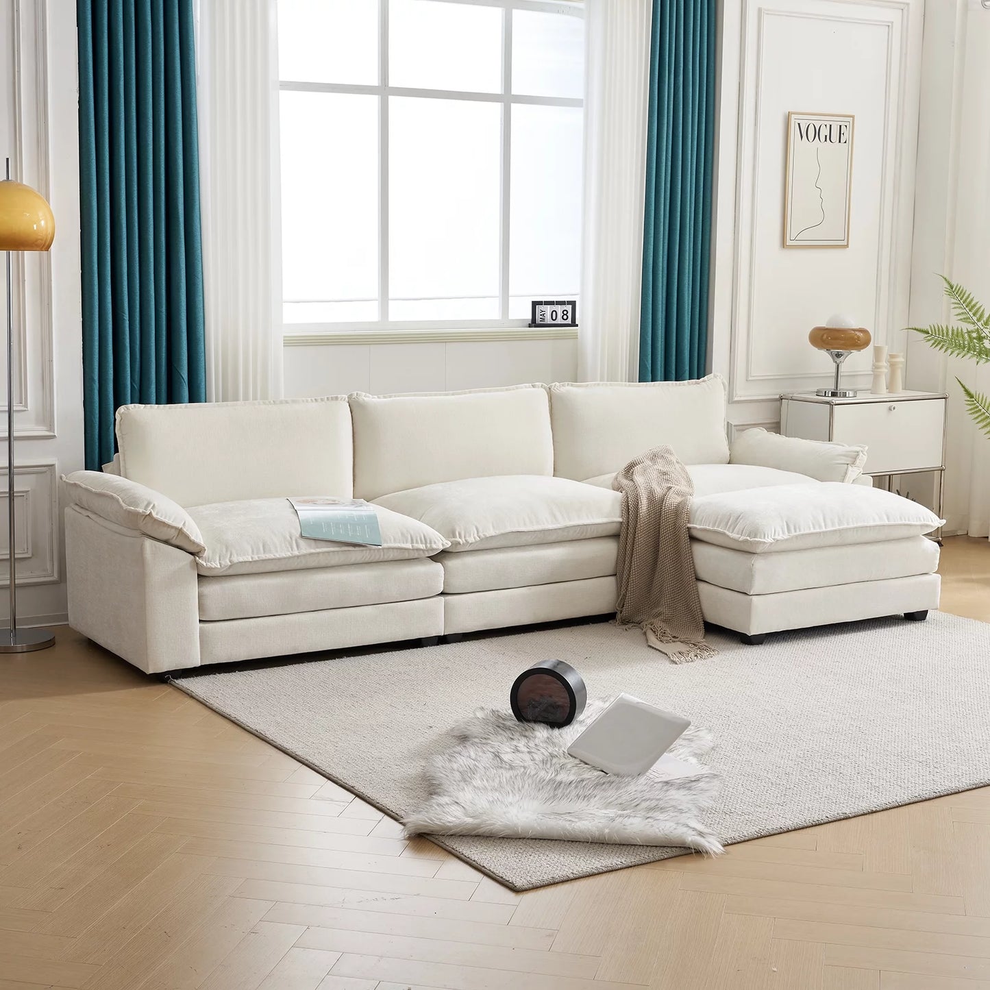 Modern Chenille Sofa with Chaise – Double Layer Cushions for Ultimate Comfort