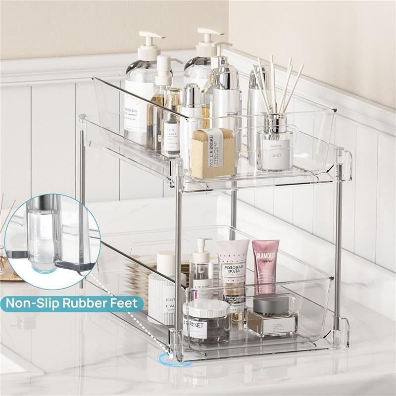 4 Pack Bathroom Storage Organizer, 2 Tier Clear under Sink Organizers Vanity Countertop Storage Container, Medicine Cabinet Drawers Bins, Pull-Out Organization with Track for Pantry, Kitchen