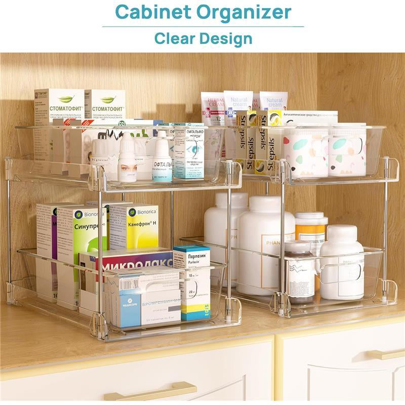 4 Pack Bathroom Storage Organizer, 2 Tier Clear under Sink Organizers Vanity Countertop Storage Container, Medicine Cabinet Drawers Bins, Pull-Out Organization with Track for Pantry, Kitchen
