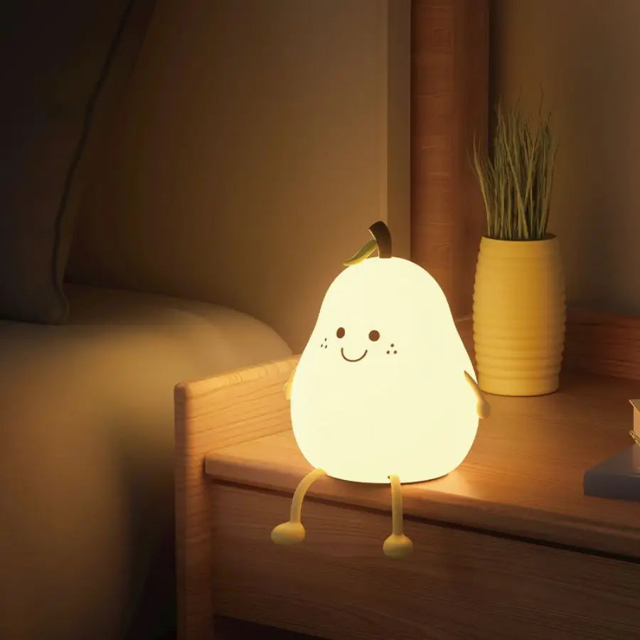 LED Pear Fruit Silicone Night Light 7 Colors Dimming Touch USB Rechargeable Cartoon Bedside Lamp Bedroom Decor