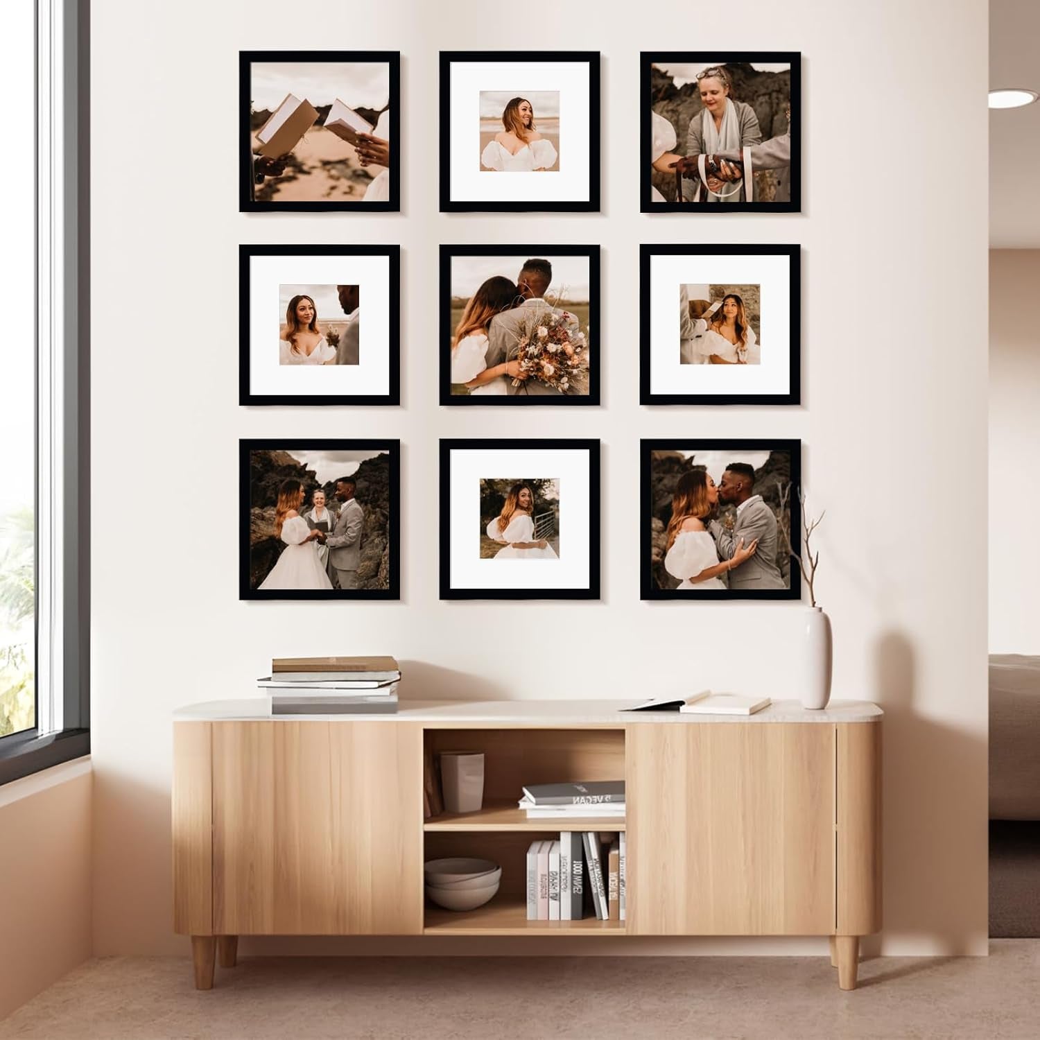 12X12 Picture Frame Set of 9, Display Pictures 8X8 with Mat or 12X12 without Mat