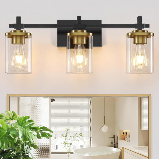 3-Lights Black and Gold Bathroom Light Fixtures over Mirror
