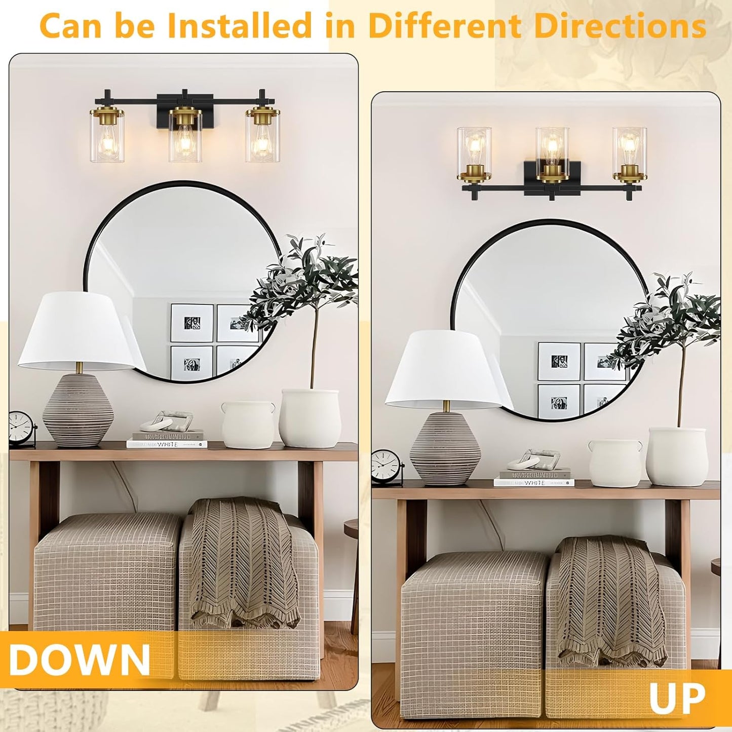 3-Lights Black and Gold Bathroom Light Fixtures over Mirror