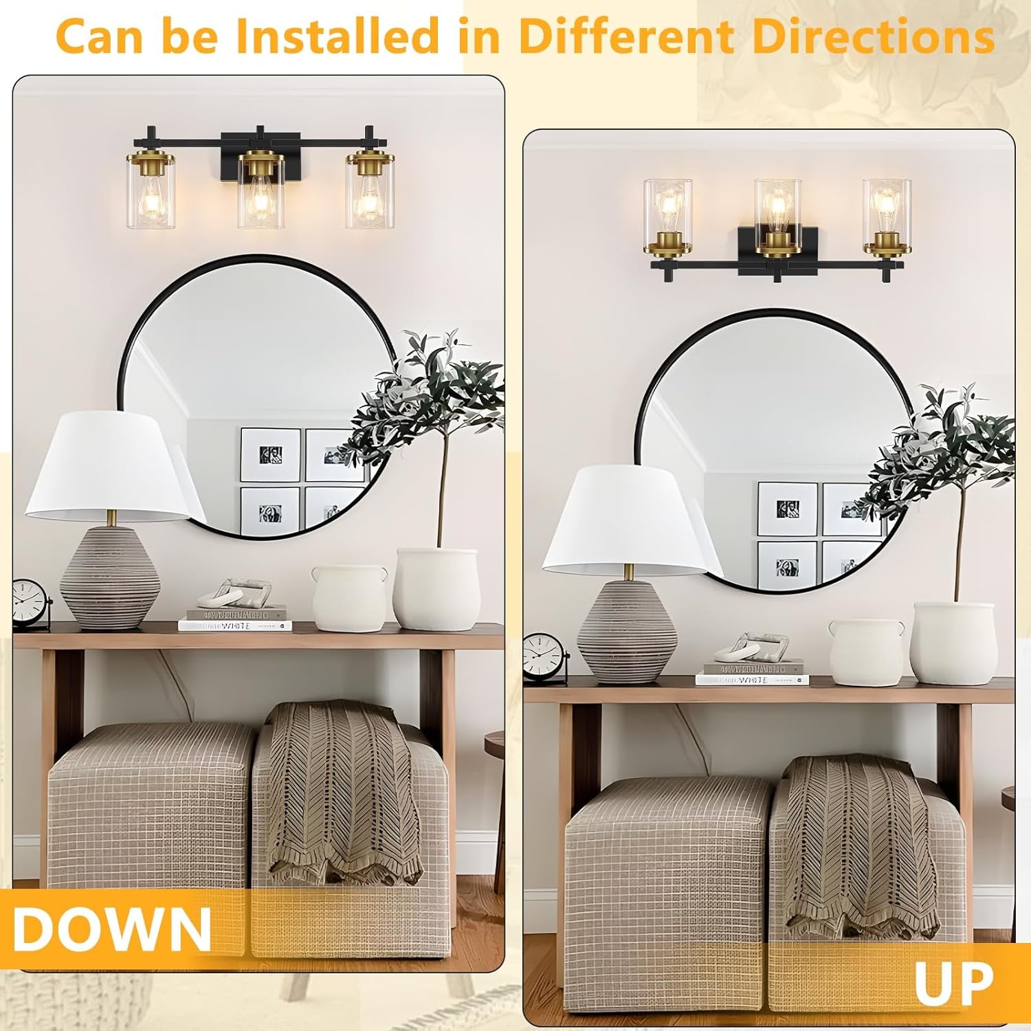 3-Lights Black and Gold Bathroom Light Fixtures over Mirror