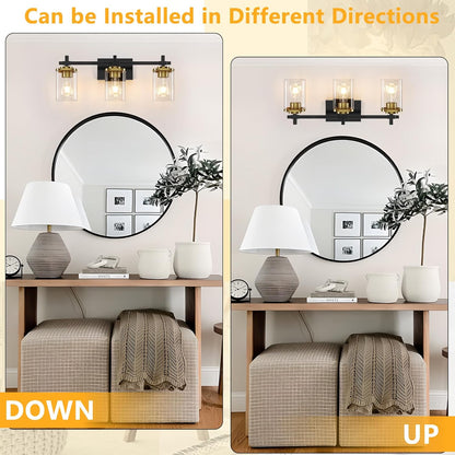 3-Lights Black and Gold Bathroom Light Fixtures over Mirror