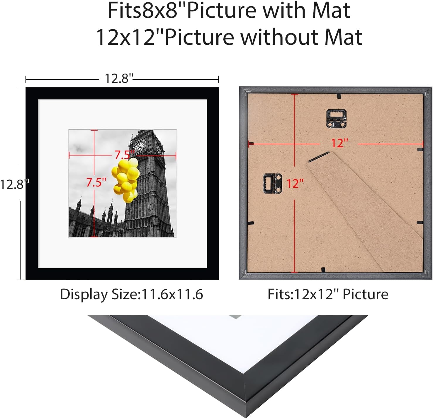 12X12 Picture Frame Set of 9, Display Pictures 8X8 with Mat or 12X12 without Mat