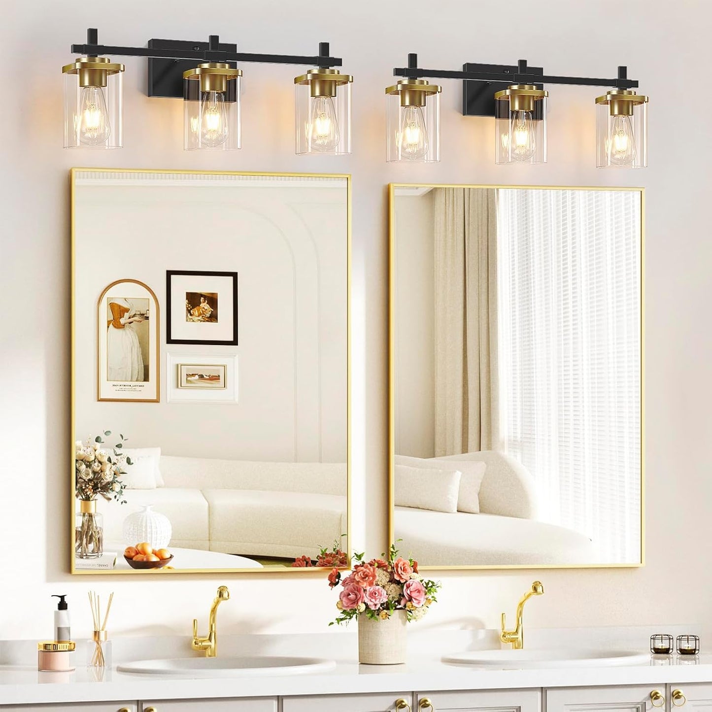 3-Lights Black and Gold Bathroom Light Fixtures over Mirror