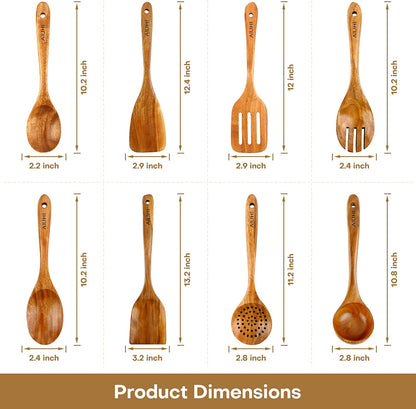 Premium Teak Wooden Cooking Spoon Set - 8 Nonstick, Non-Scratch Kitchen Utensils for Effortless Cooking