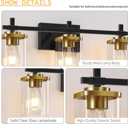3-Lights Black and Gold Bathroom Light Fixtures over Mirror