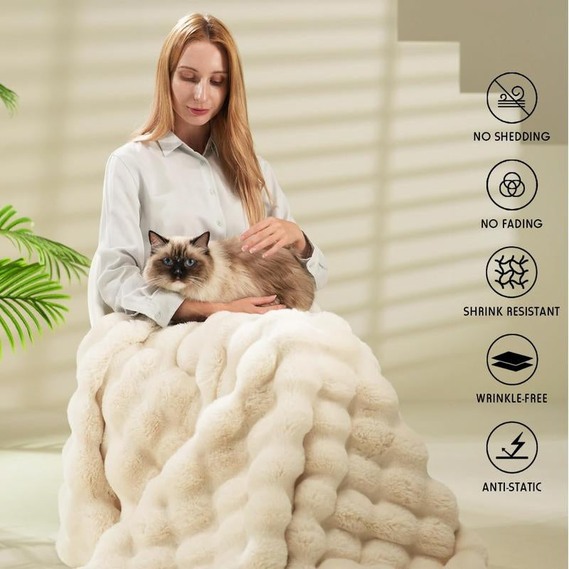Super Comfort Oversized Warm Thick Bubble Luxury Plush Rabbit Faux Fur Throw Blanket, Fluffy Blanket,Soft Cozy Blanket for Couch Chair Bed Sofa Living Room,White
