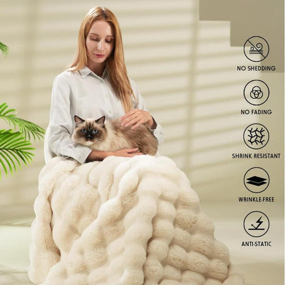 Super Comfort Oversized Warm Thick Bubble Luxury Plush Rabbit Faux Fur Throw Blanket, Fluffy Blanket,Soft Cozy Blanket for Couch Chair Bed Sofa Living Room,White