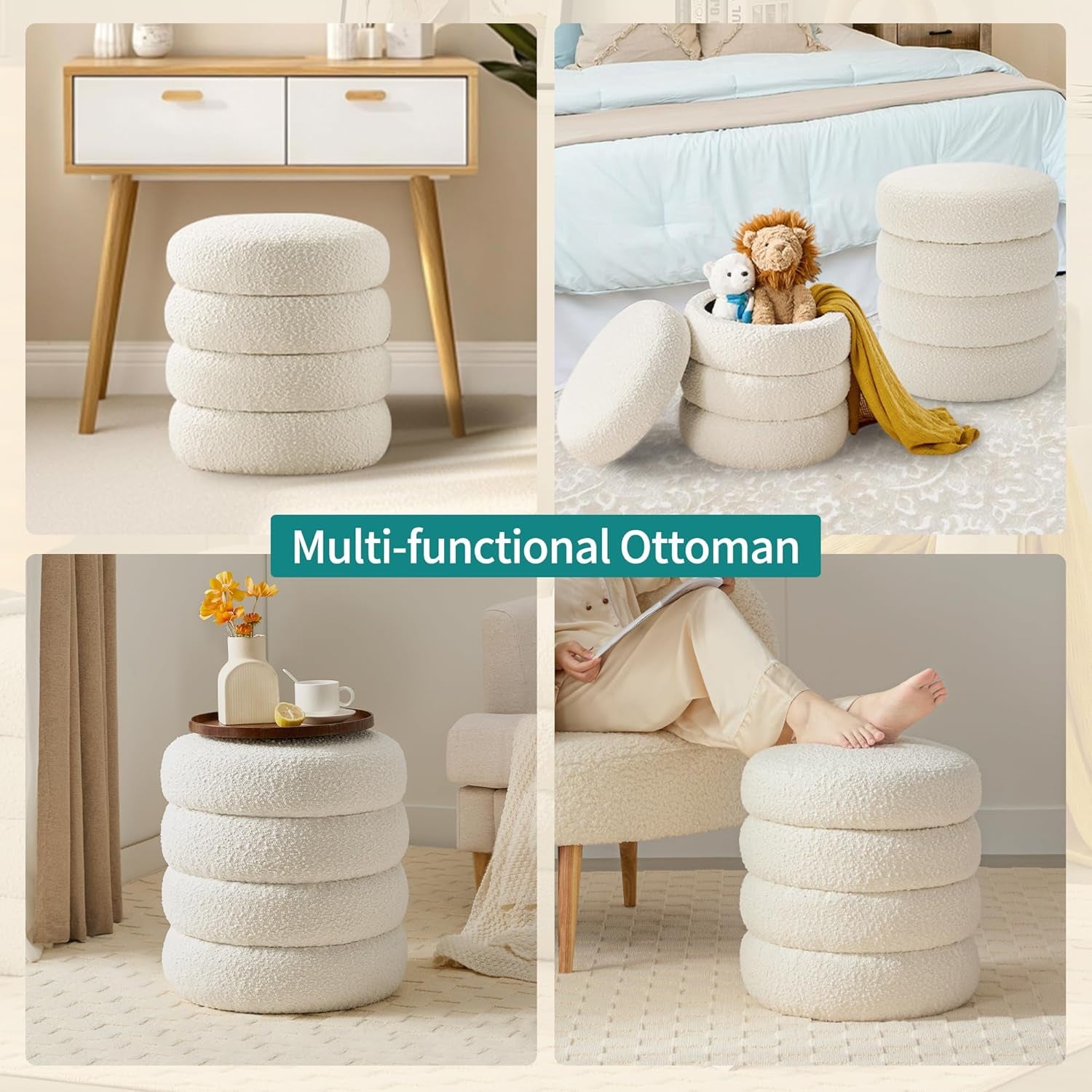 Boucle Round Ottoman with Storage