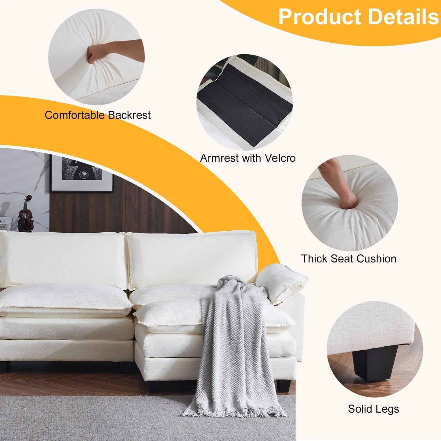 Modern Chenille Sofa with Chaise – Double Layer Cushions for Ultimate Comfort