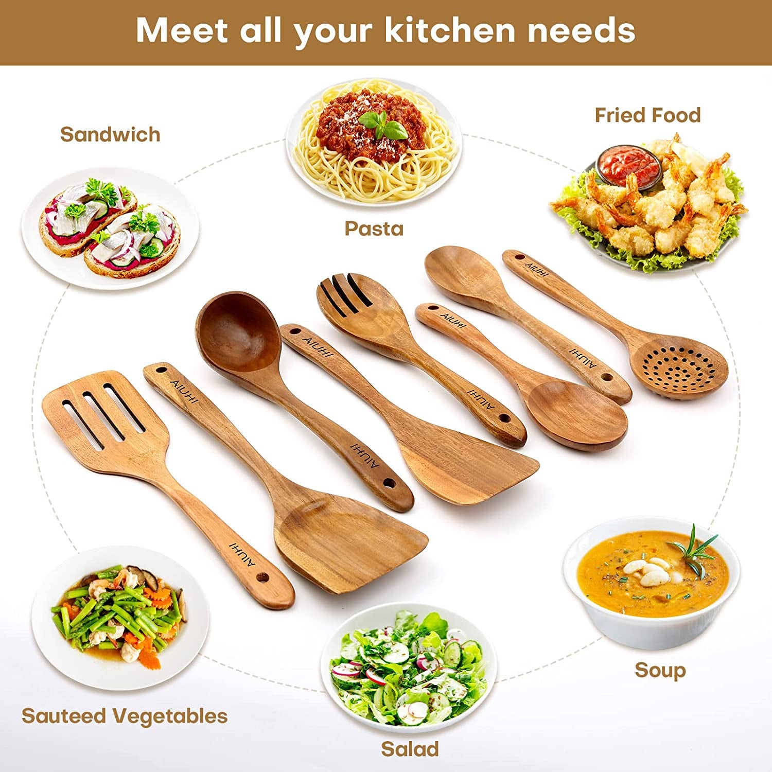 Premium Teak Wooden Cooking Spoon Set - 8 Nonstick, Non-Scratch Kitchen Utensils for Effortless Cooking