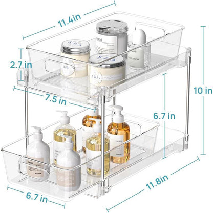 4 Pack Bathroom Storage Organizer, 2 Tier Clear under Sink Organizers Vanity Countertop Storage Container, Medicine Cabinet Drawers Bins, Pull-Out Organization with Track for Pantry, Kitchen