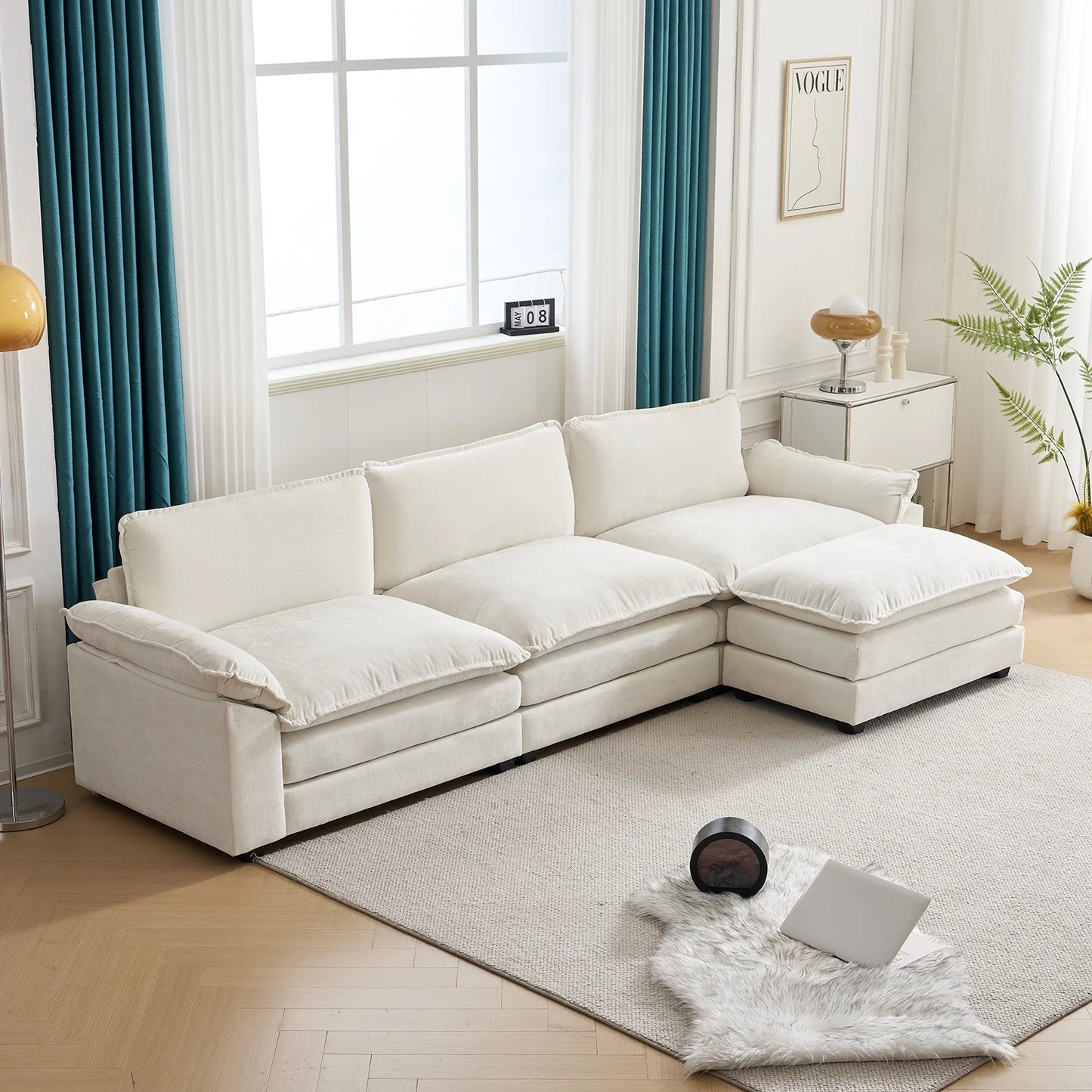 Modern Chenille Sofa with Chaise – Double Layer Cushions for Ultimate Comfort