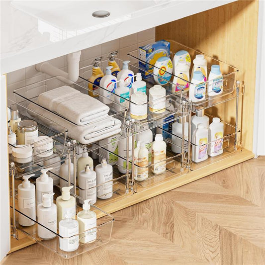 4 Pack Bathroom Storage Organizer, 2 Tier Clear under Sink Organizers Vanity Countertop Storage Container, Medicine Cabinet Drawers Bins, Pull-Out Organization with Track for Pantry, Kitchen