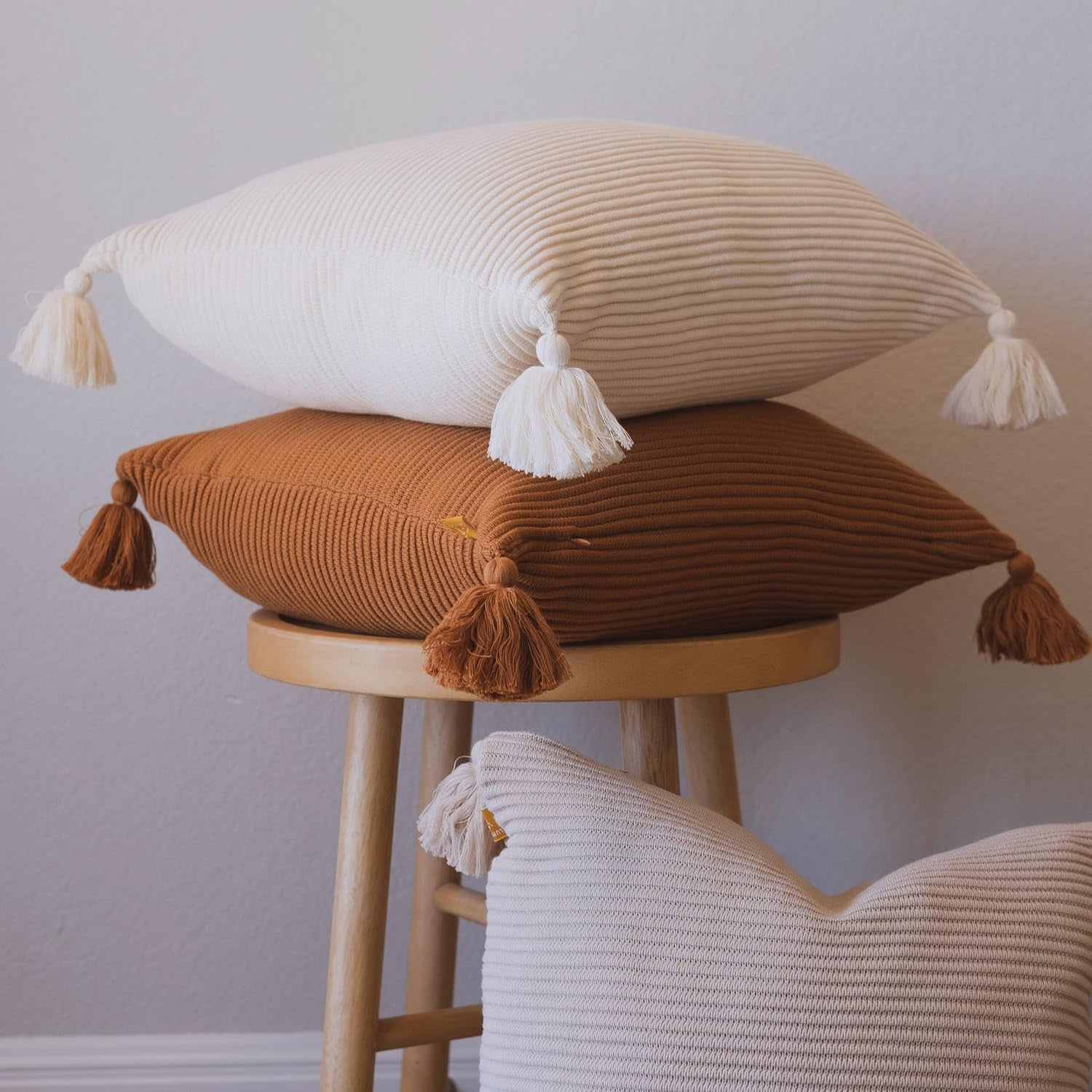 Lumi Living 18x18” Ribbed Cotton Pillow Cover – Butter Cream with Tassels