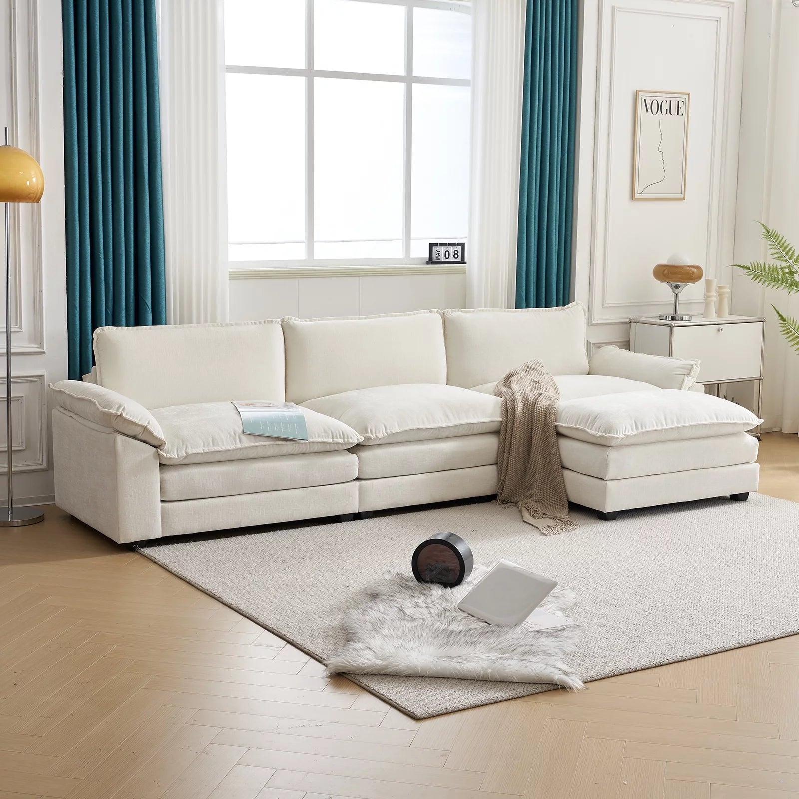 Modern Chenille Sofa with Chaise – Double Layer Cushions for Ultimate Comfort