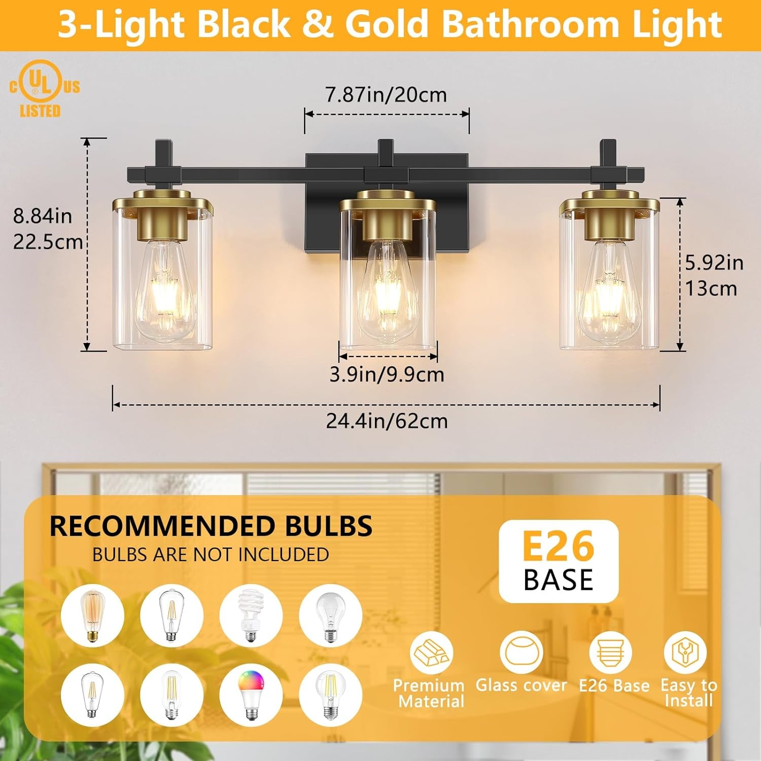 3-Lights Black and Gold Bathroom Light Fixtures over Mirror