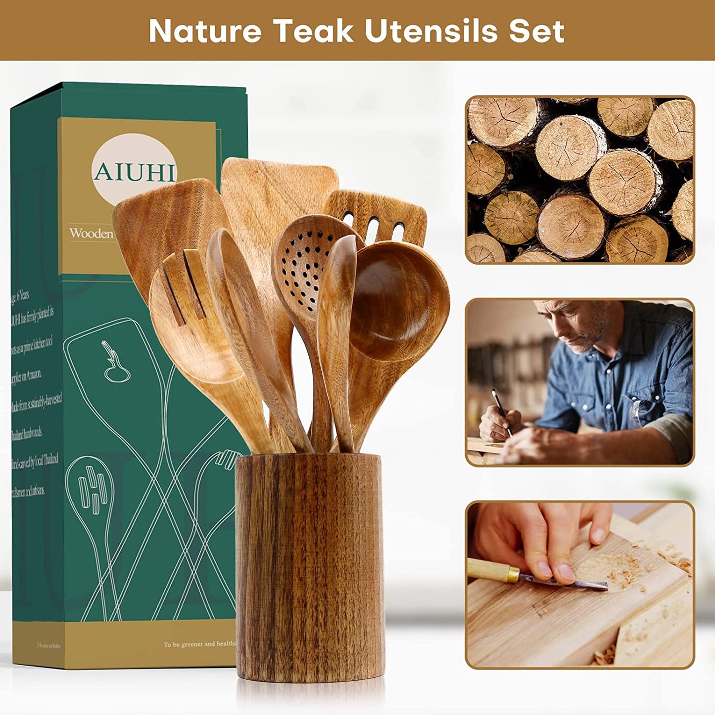 Premium Teak Wooden Cooking Spoon Set - 8 Nonstick, Non-Scratch Kitchen Utensils for Effortless Cooking