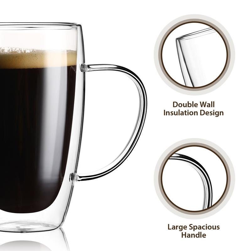 Double-Walled 15 Oz Glass Coffee Mugs - 2-Pack Insulated Cups for Hot Beverages, Perfect for Cappuccino, Tea, Latte, and More!
