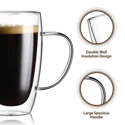 Double-Walled 15 Oz Glass Coffee Mugs - 2-Pack Insulated Cups for Hot Beverages, Perfect for Cappuccino, Tea, Latte, and More!