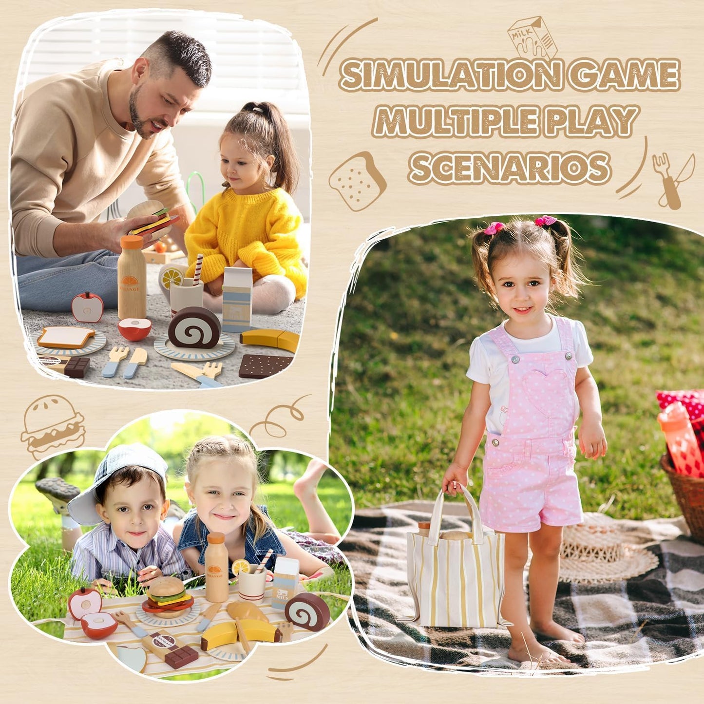  Lehoo Castle Wooden Picnic Play Food Set
