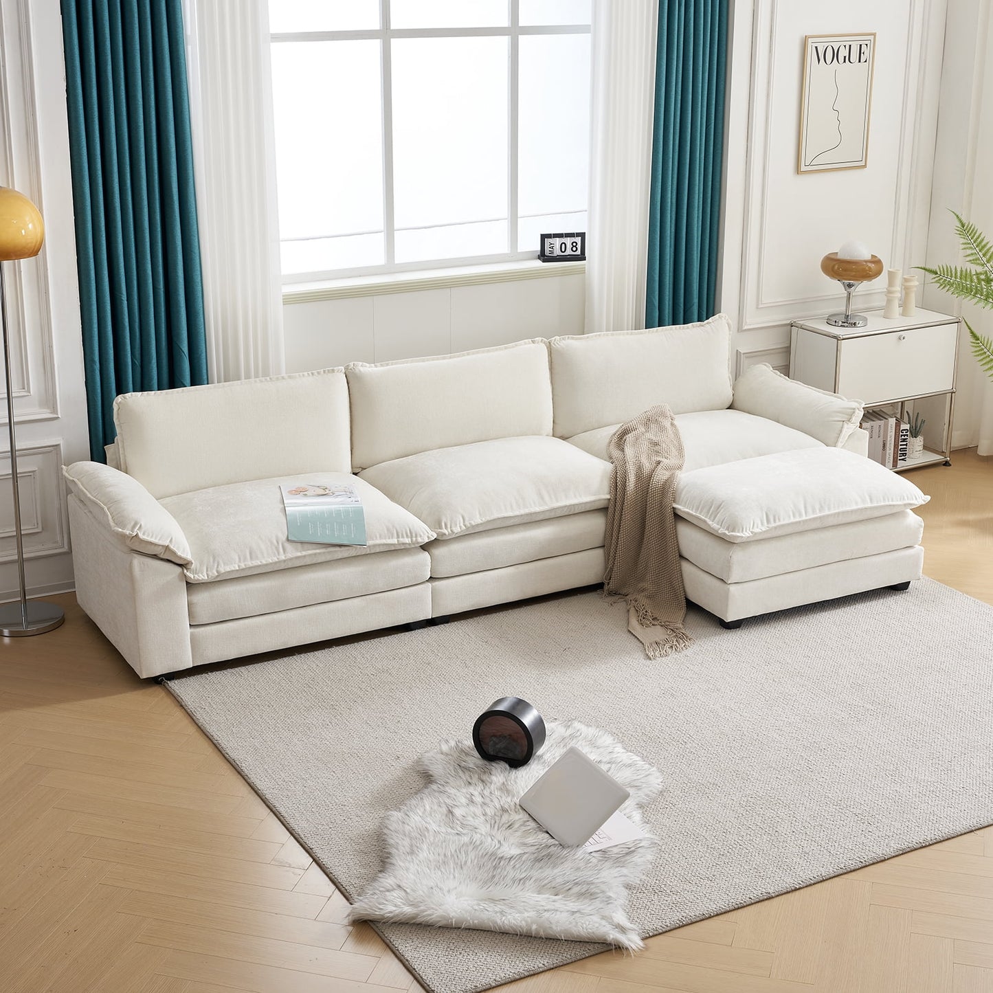 Modern Chenille Sofa with Chaise – Double Layer Cushions for Ultimate Comfort