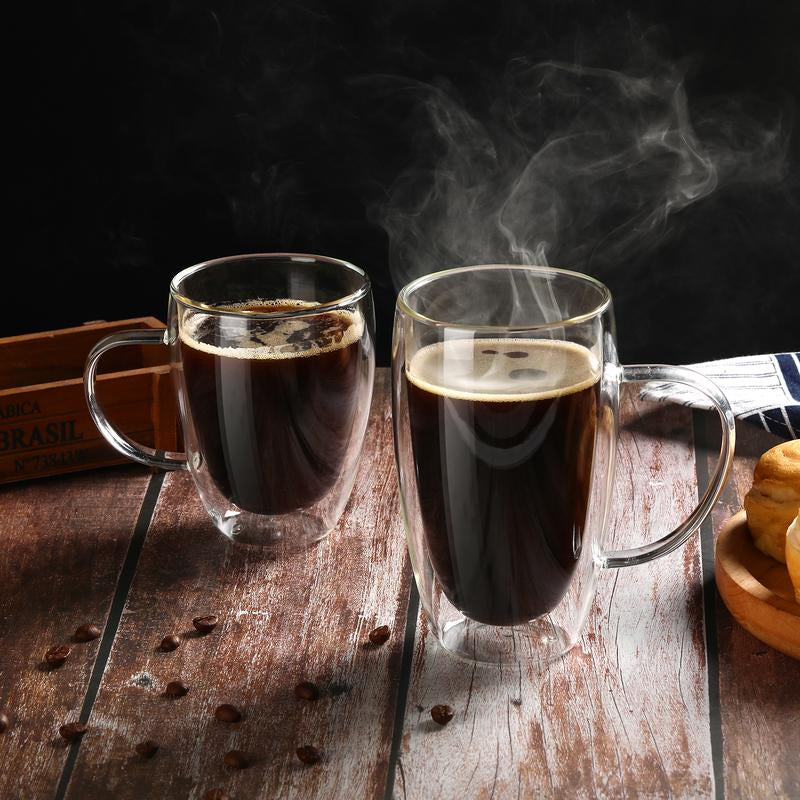 Double-Walled 15 Oz Glass Coffee Mugs - 2-Pack Insulated Cups for Hot Beverages, Perfect for Cappuccino, Tea, Latte, and More!