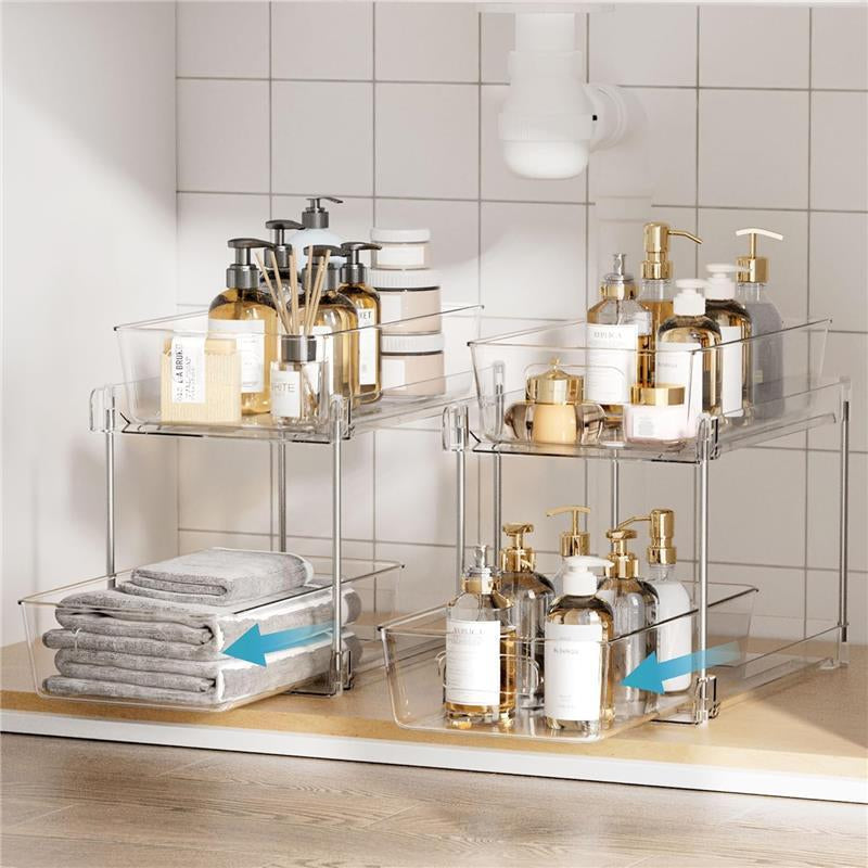 4 Pack Bathroom Storage Organizer, 2 Tier Clear under Sink Organizers Vanity Countertop Storage Container, Medicine Cabinet Drawers Bins, Pull-Out Organization with Track for Pantry, Kitchen