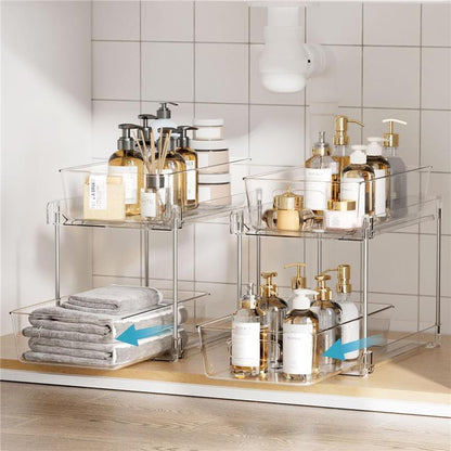 4 Pack Bathroom Storage Organizer, 2 Tier Clear under Sink Organizers Vanity Countertop Storage Container, Medicine Cabinet Drawers Bins, Pull-Out Organization with Track for Pantry, Kitchen