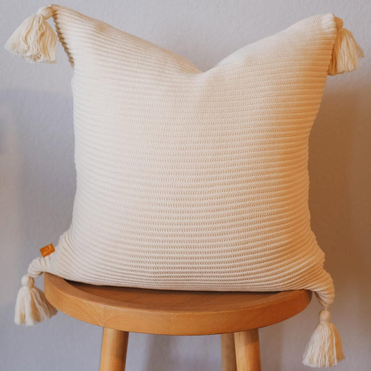 Lumi Living 18x18” Ribbed Cotton Pillow Cover – Butter Cream with Tassels