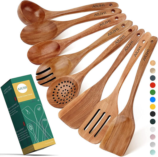 Premium Teak Wooden Cooking Spoon Set - 8 Nonstick, Non-Scratch Kitchen Utensils for Effortless Cooking